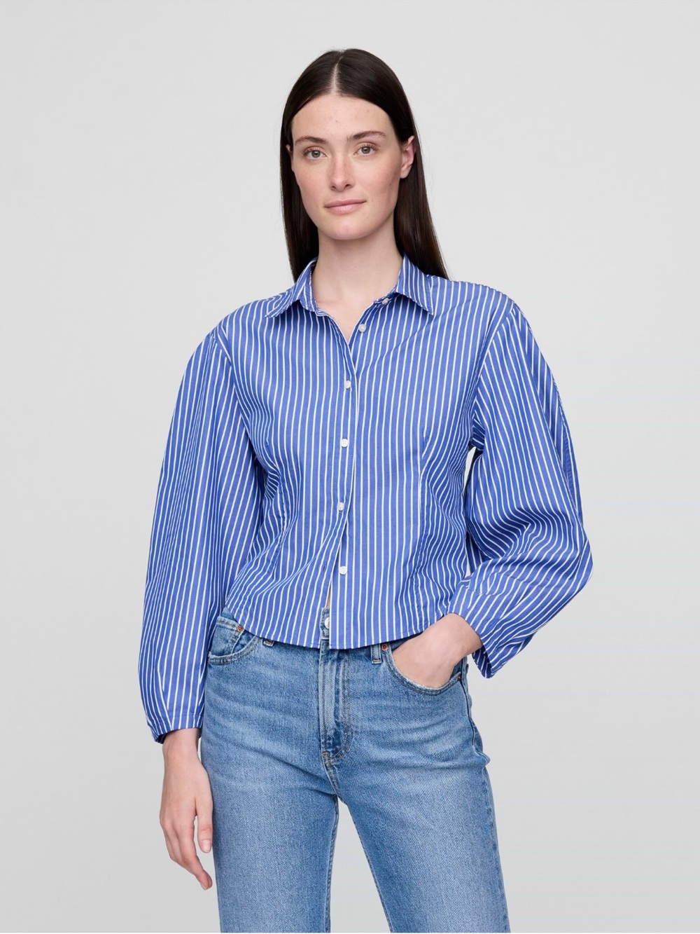 GAP Organic Cotton Poplin Balloon Sleeve Blue& White Striped Button Down Shirt L